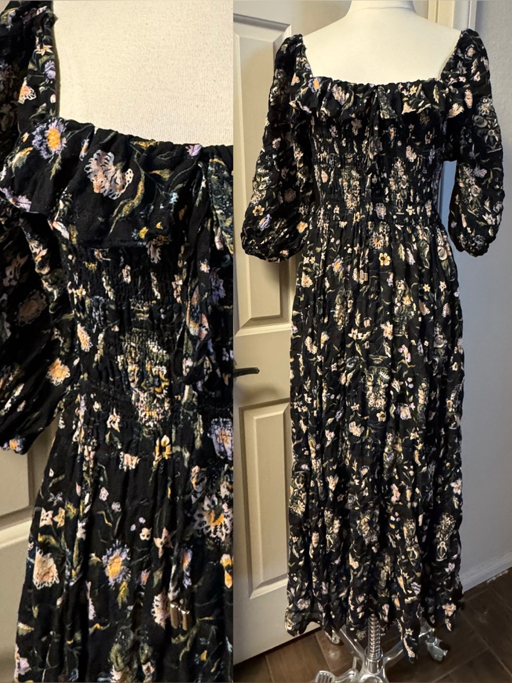 Free People Black Floral Off-the-Shoulder Shirred Bodice Light Weight Maxi Dress